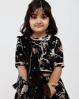 Black lehenga in bird and floral print