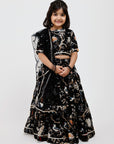 Black lehenga in bird and floral print
