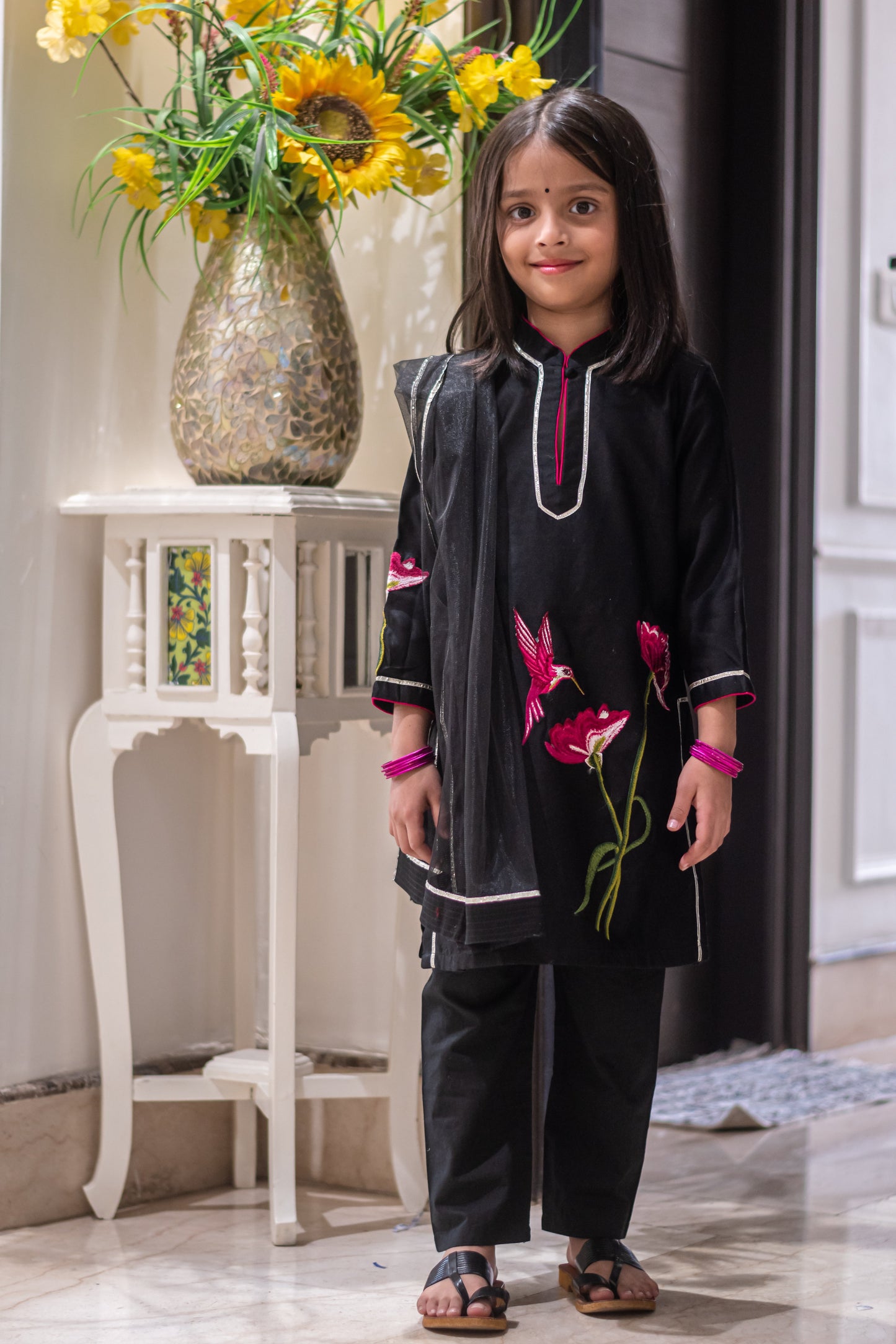 Black Chanderi Embroidery Hummingbird Kurta Set