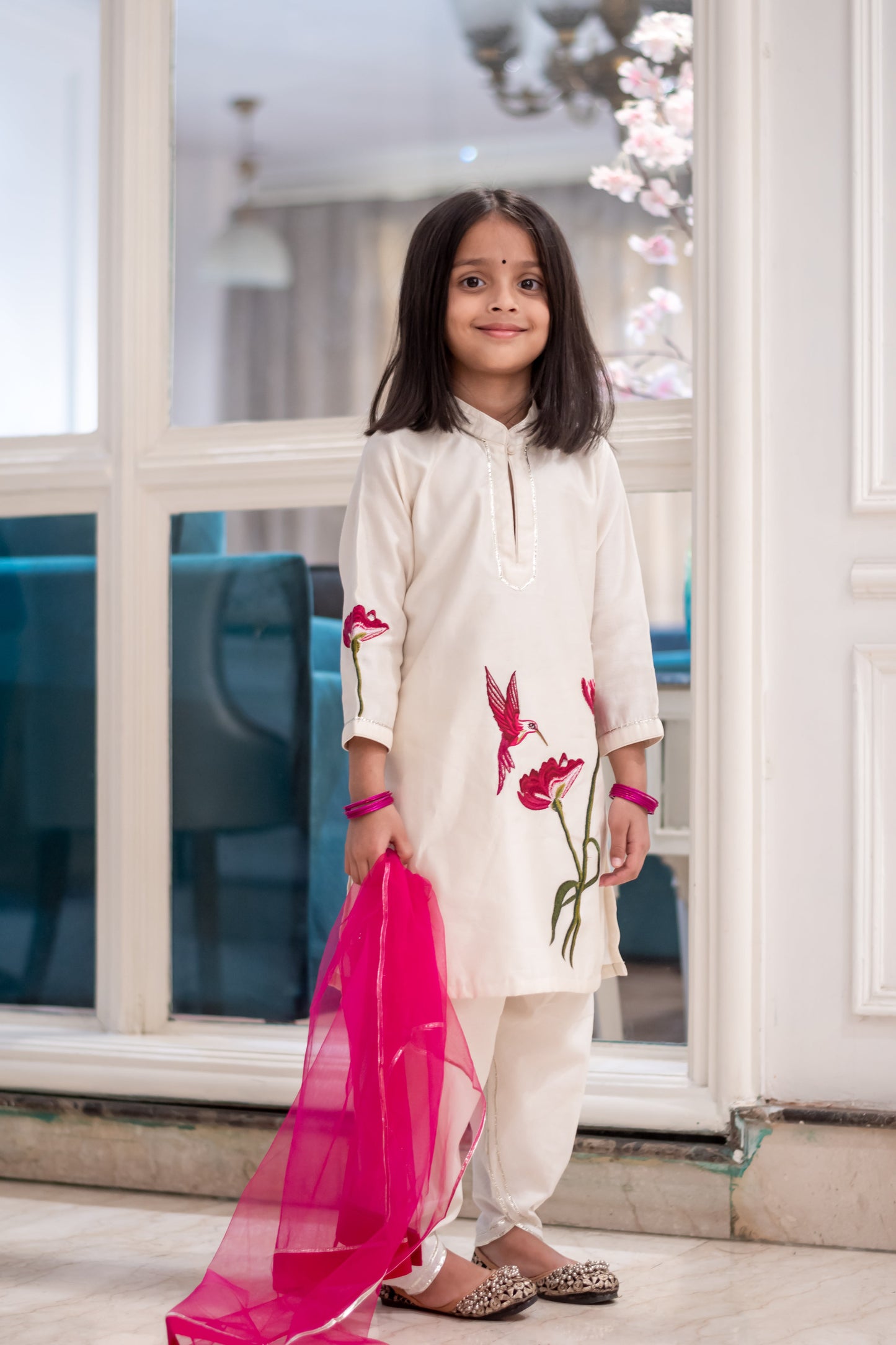 Ivory Chanderi Embroidery Hummingbird Nectar Kurta Set