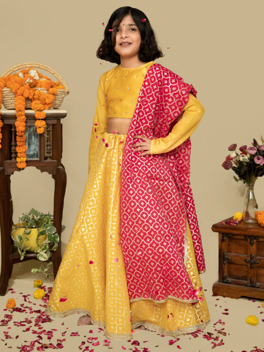 Buti Chanderi Mustard Lehenga