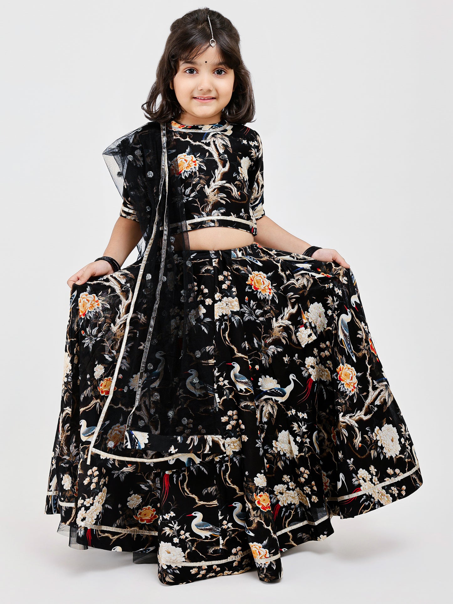 Black lehenga in bird and floral print