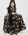 Black lehenga in bird and floral print