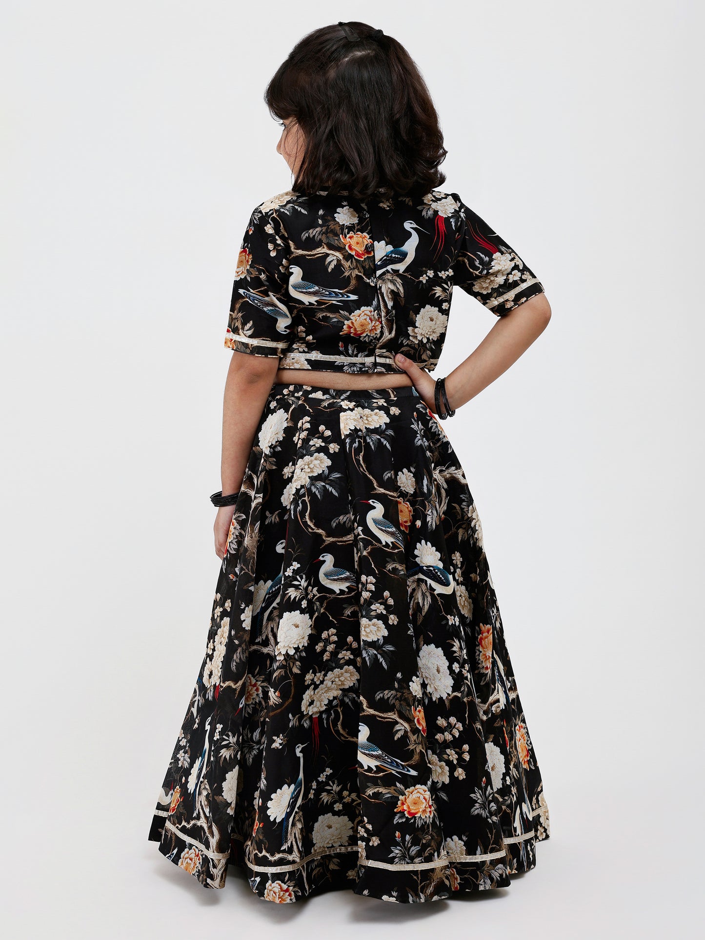 Black lehenga in bird and floral print