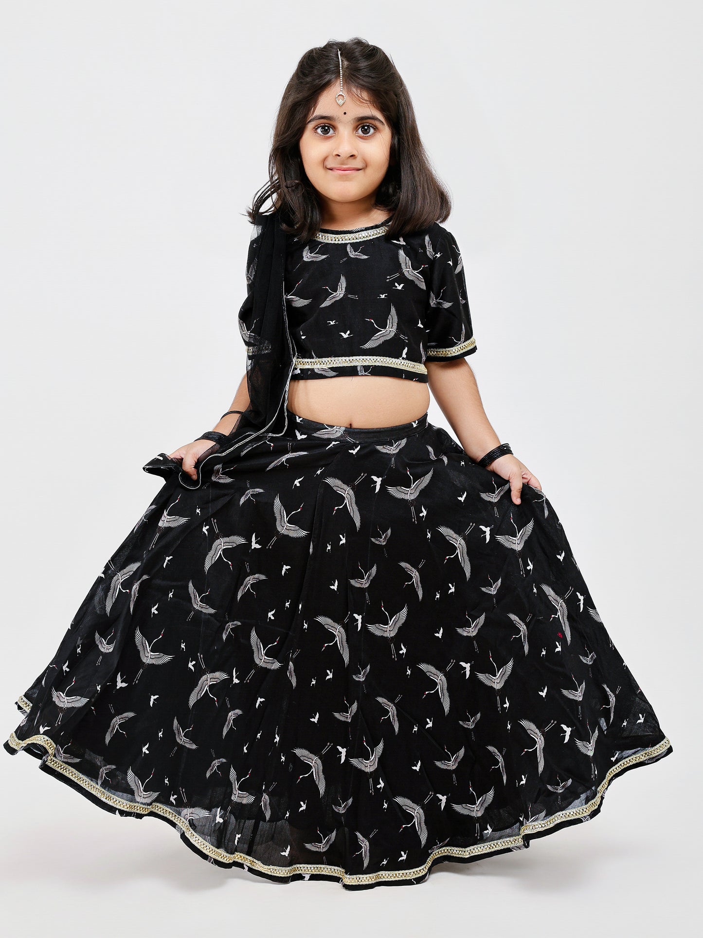 Black Lehenga in Bird Print