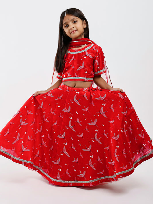 Red Lehenga in Bird Print