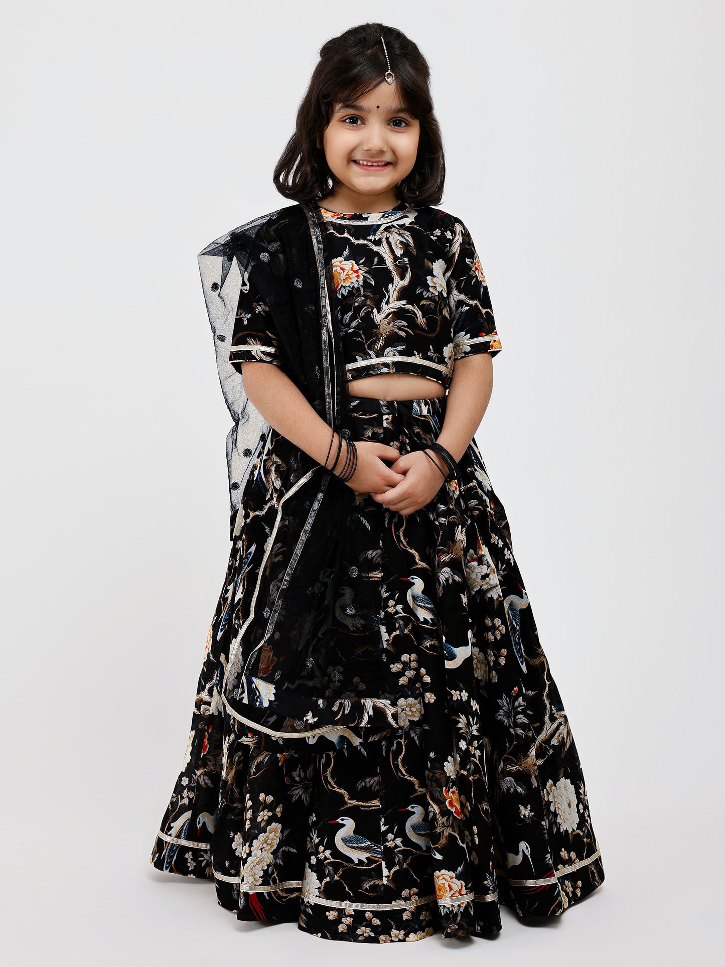 Black lehenga in bird and floral print