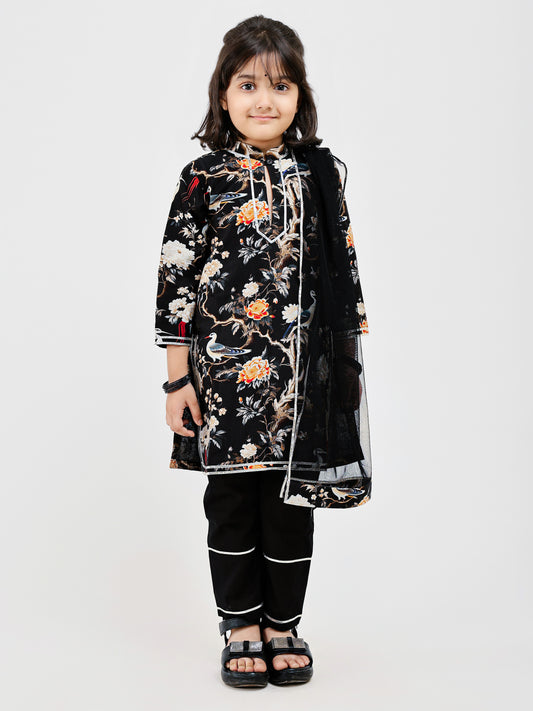 Black Floral and bird Print Kurta Payjama